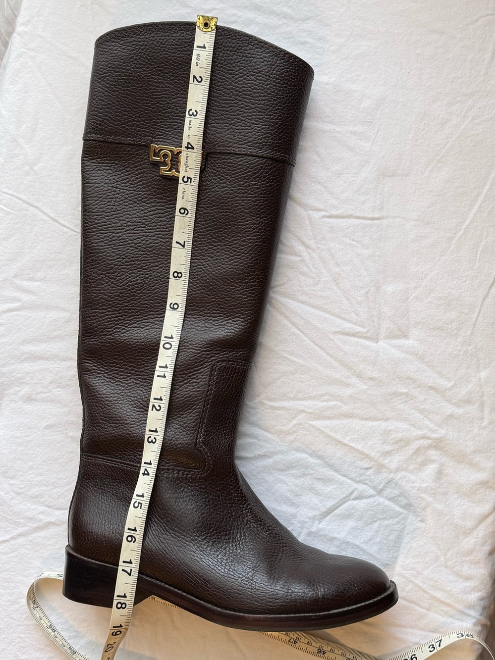 Tory Burch Joanna Dark Brown Pebbled Leather Knee Riding Boots Gold Logo EUC sz8 - Picture 11 of 11